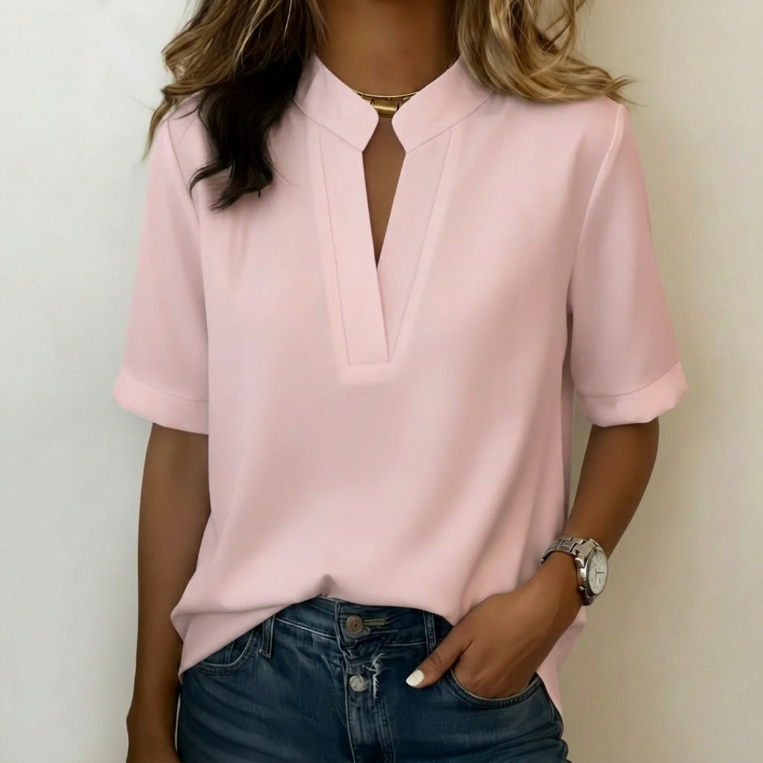 Women's Summer Notch V-Neck Cuffed Short Sleeve Blouse