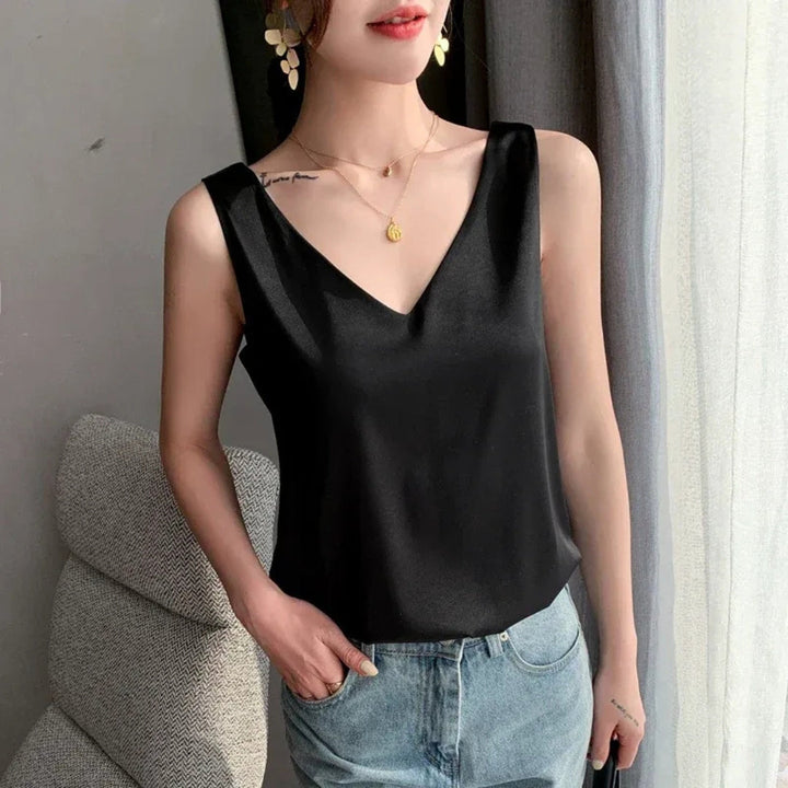 Women's Satin Loose V-Neck Singlet Top for Summer Evenings