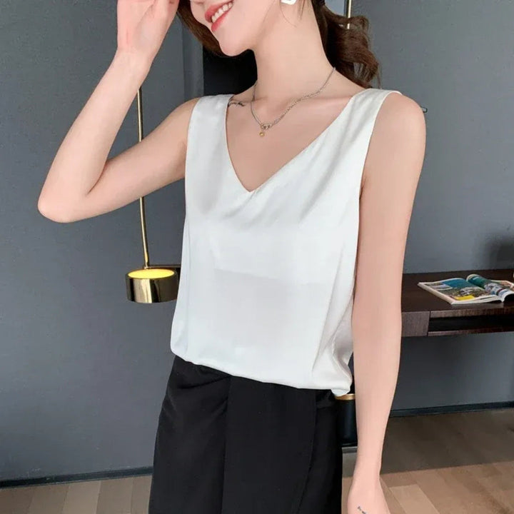 Women's Satin Loose V-Neck Singlet Top for Summer Evenings