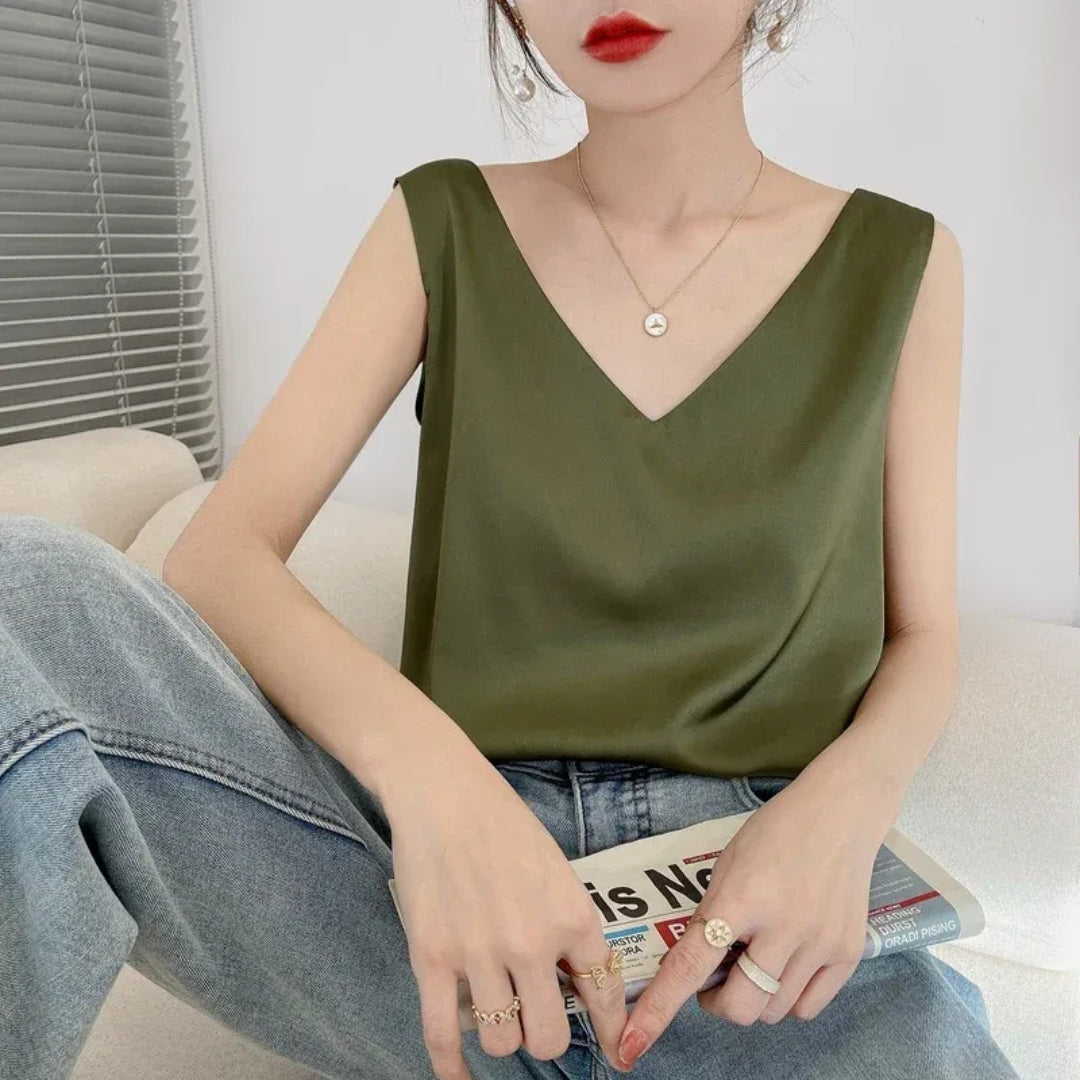 Women's Satin Loose V-Neck Singlet Top for Summer Evenings